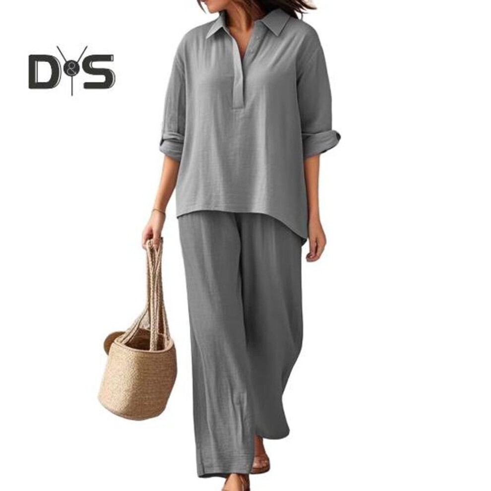 (grey, 3XL) Women's Cotton Linen 2 Piece Set Casual Lapel V Neck Short Sleeve Top Wide Leg Pants Set Summer Loose Lounge Outfits