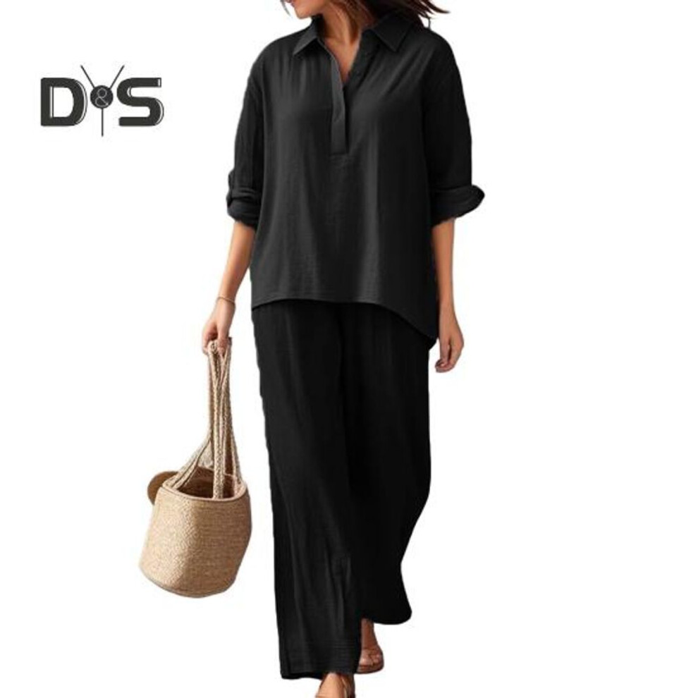 (black, 2XL) Women's Cotton Linen 2 Piece Set Casual Lapel V Neck Short Sleeve Top Wide Leg Pants Set Summer Loose Lounge Outfits