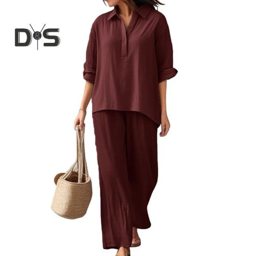 (wine red, L) Women's Cotton Linen 2 Piece Set Casual Lapel V Neck Short Sleeve Top Wide Leg Pants Set Summer Loose Lounge Outfits