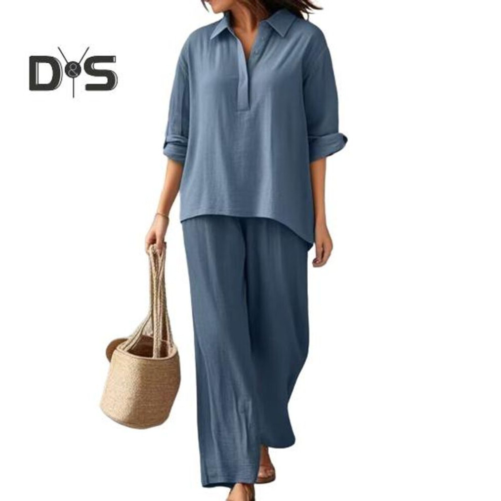 (blue, XL) Women's Cotton Linen 2 Piece Set Casual Lapel V Neck Short Sleeve Top Wide Leg Pants Set Summer Loose Lounge Outfits