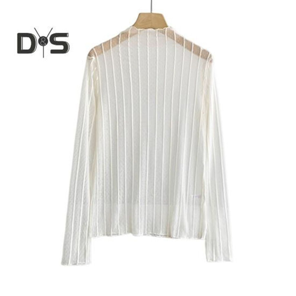 (apricot) Women Sunscreen Tops Half High Collar Long Sleeve Perspective Mesh Tops Lace Lines Texture Blouse Daily Wear