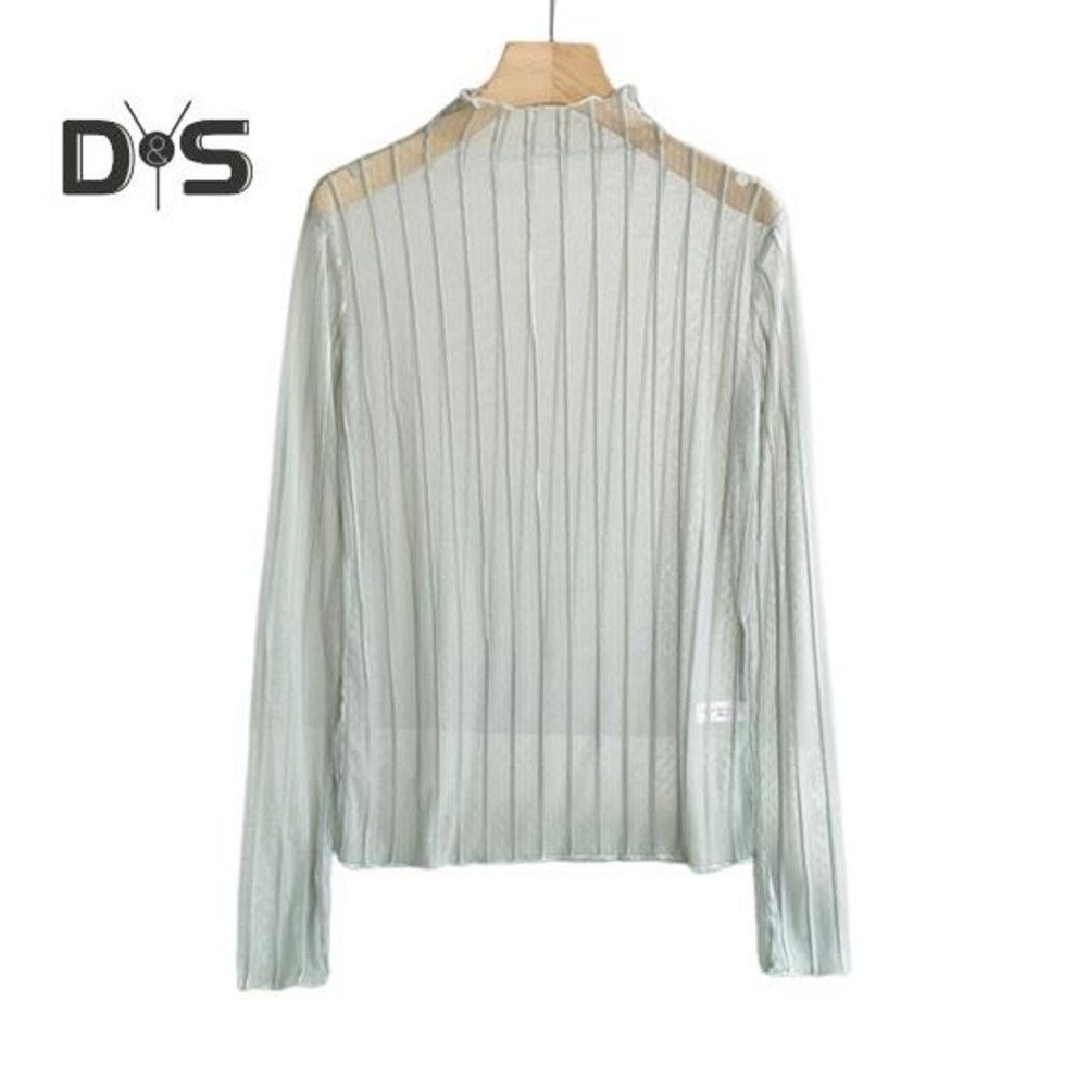 (mint green) Women Sunscreen Tops Half High Collar Long Sleeve Perspective Mesh Tops Lace Lines Texture Blouse Daily Wear