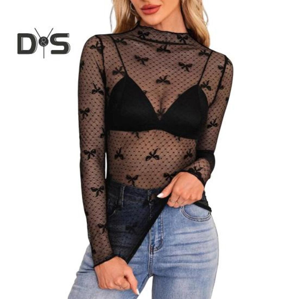 (XL, black) Women Bottom Tops Half High Collar Long Sleeve Perspective Lace Tops Embroidery Bow Pattern Blouse Daily Wear