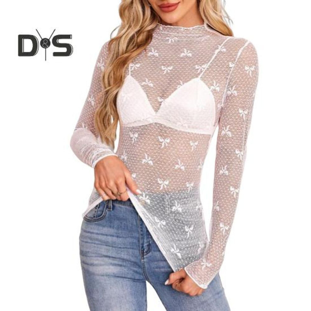 (XXL, white) Women Bottom Tops Half High Collar Long Sleeve Perspective Lace Tops Embroidery Bow Pattern Blouse Daily Wear
