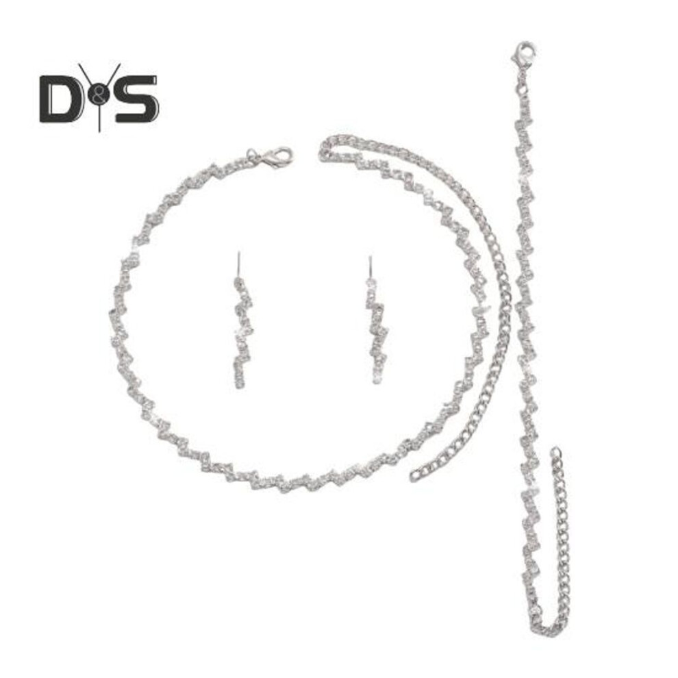 (silver) 3 Pcs/Set Women Jewelry Set Rhinestone Choker Hanging Earrings Bracelet Set with Extension Chain Prom Party Bride Wedding Jewelry