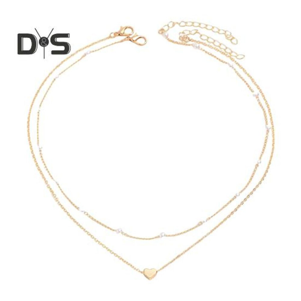 (as the picture, 1) Women Necklace Faux Pearl Decor Heart Pendant Double-layered Lady Clavicle Necklace Daily Prom Party Commuting Neck Jewelry