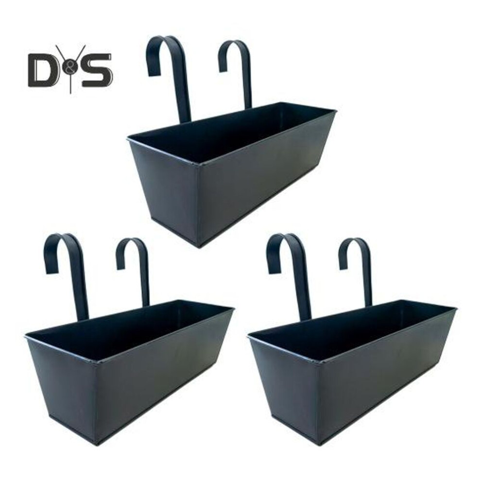 (black, 3pcs) Hanging Flower Pot Rectangular Railing Planter With Drainage Hole 16 Inch Planter Box With Hooks For Balcony Porch Or Deck Herbs Flowers