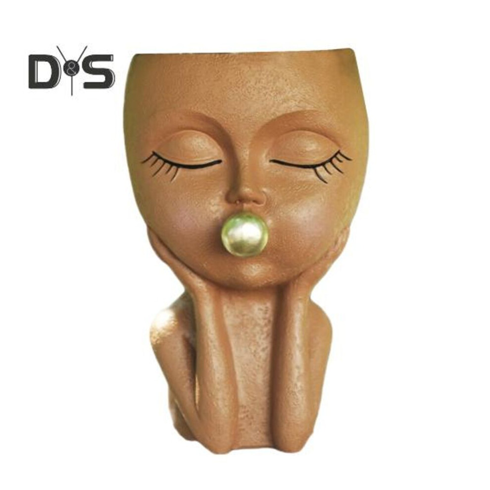 (brown) Face Planter Pot With Drainage Hole Resin Blowing Bubble Girls Head Figurine Flowerpot Indoor Outdoor Plants Container Home Balcony Garden Decoration