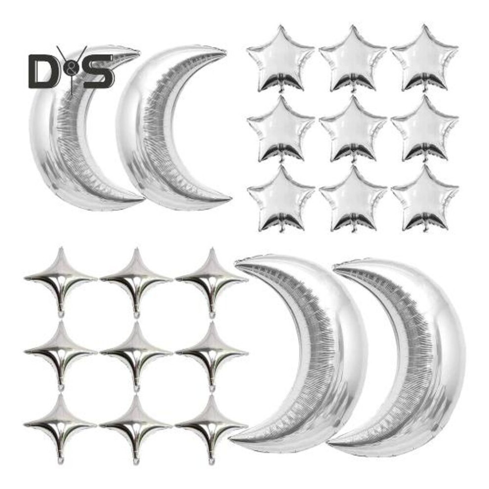 (silver, B) Moon Star Balloons Set Four Pointed Stars Moon Aluminum Foil Balloons Reusable Party Decor Balloons for Boy Girl Baby Shower Birthday Anniversary