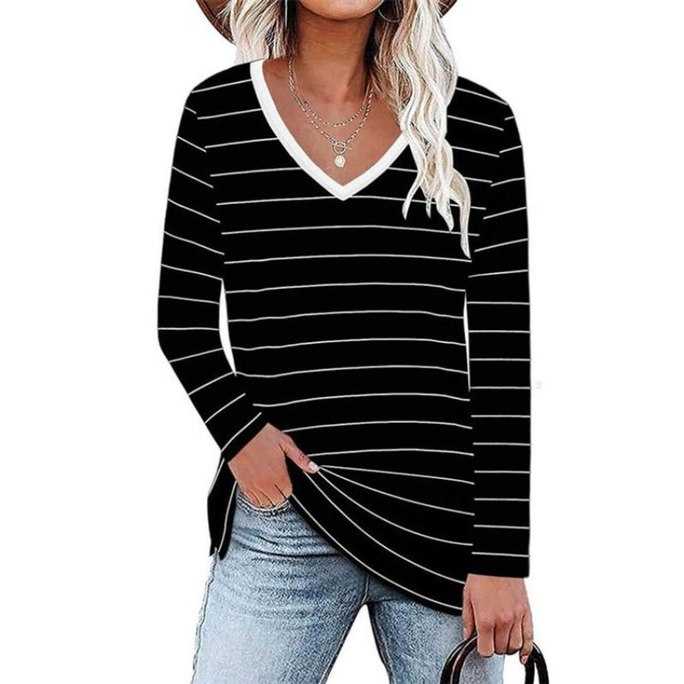 (XXL, black) Spring Long Sleeved Fashion V-neck Striped T-shirt Top For Trend Women Shirt