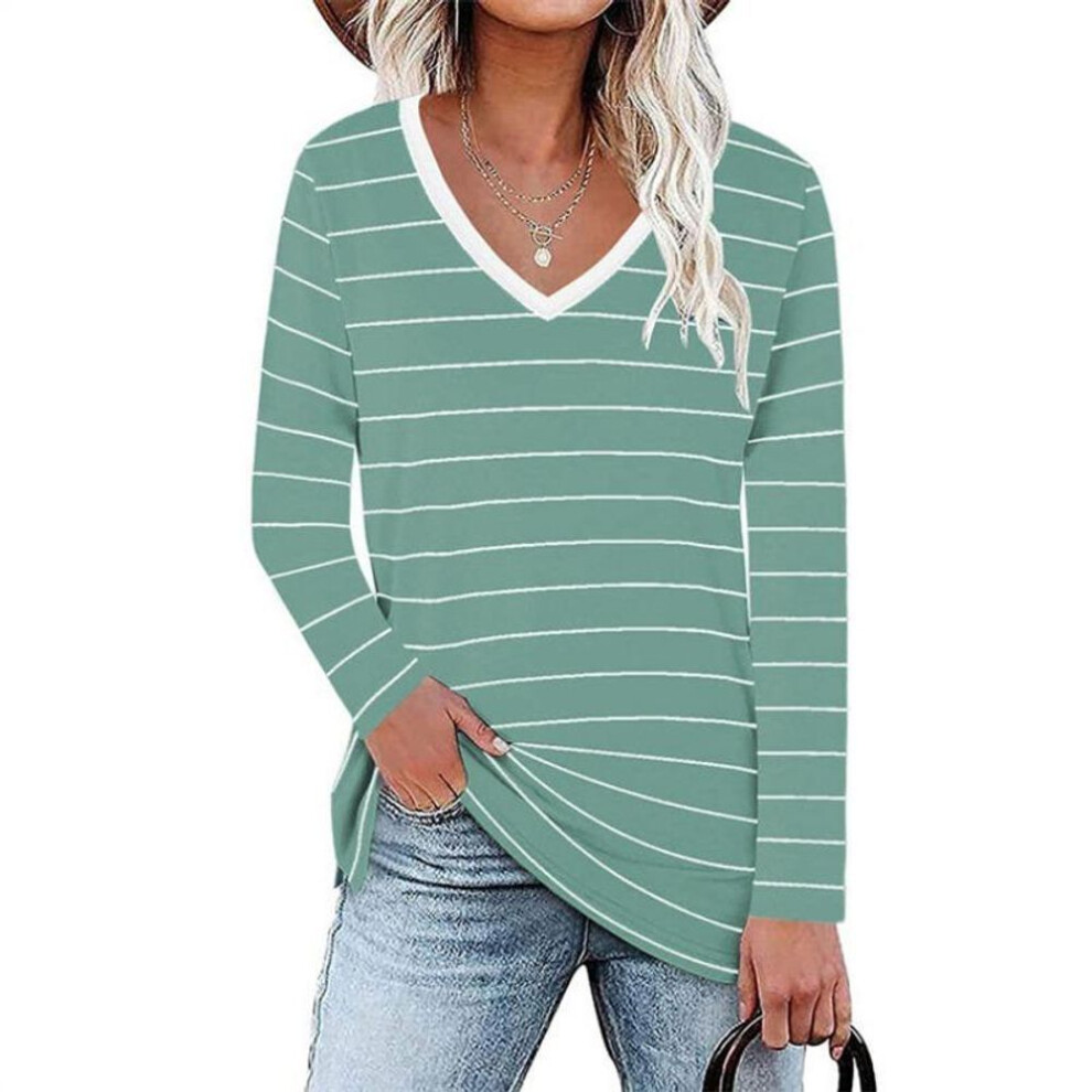 (4xl, light green) Spring Long Sleeved Fashion V-neck Striped T-shirt Top For Trend Women Shirt