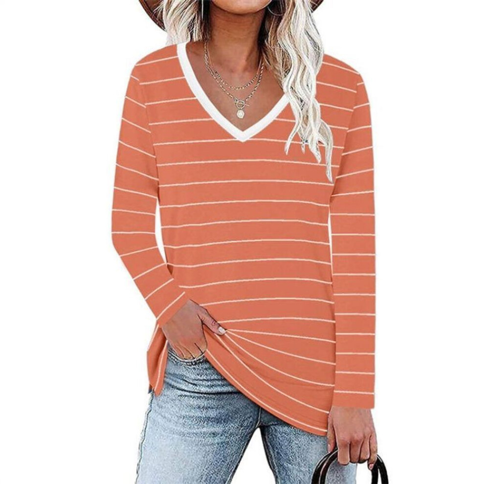 (4xl, orange) Spring Long Sleeved Fashion V-neck Striped T-shirt Top for Trend Women Shirt