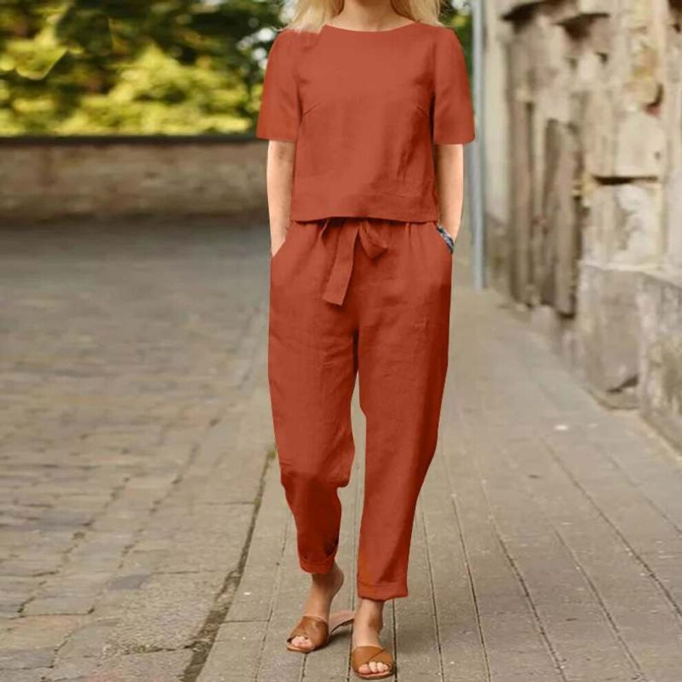 (red, XXL) Summer Women's Cotton Linen Sets Two 2 Pcs Sets O-neck Long Sleeve Solid T-shirt And High Waist Pocket Casual Loose Pants