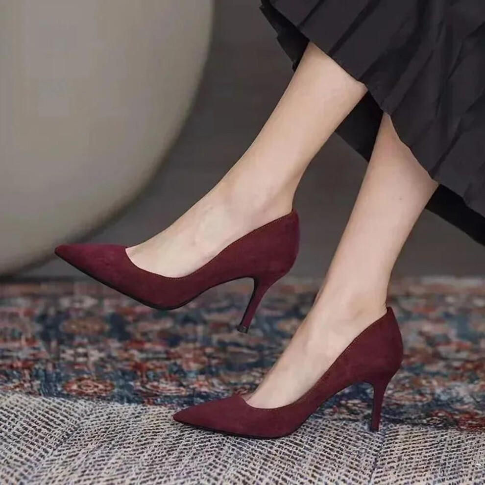 (red, 39) Shoes Sharp Pointed Thin Heel  Pumps Shoes New Suede Black Red Blue Women's Single Shoes Big Size 42
