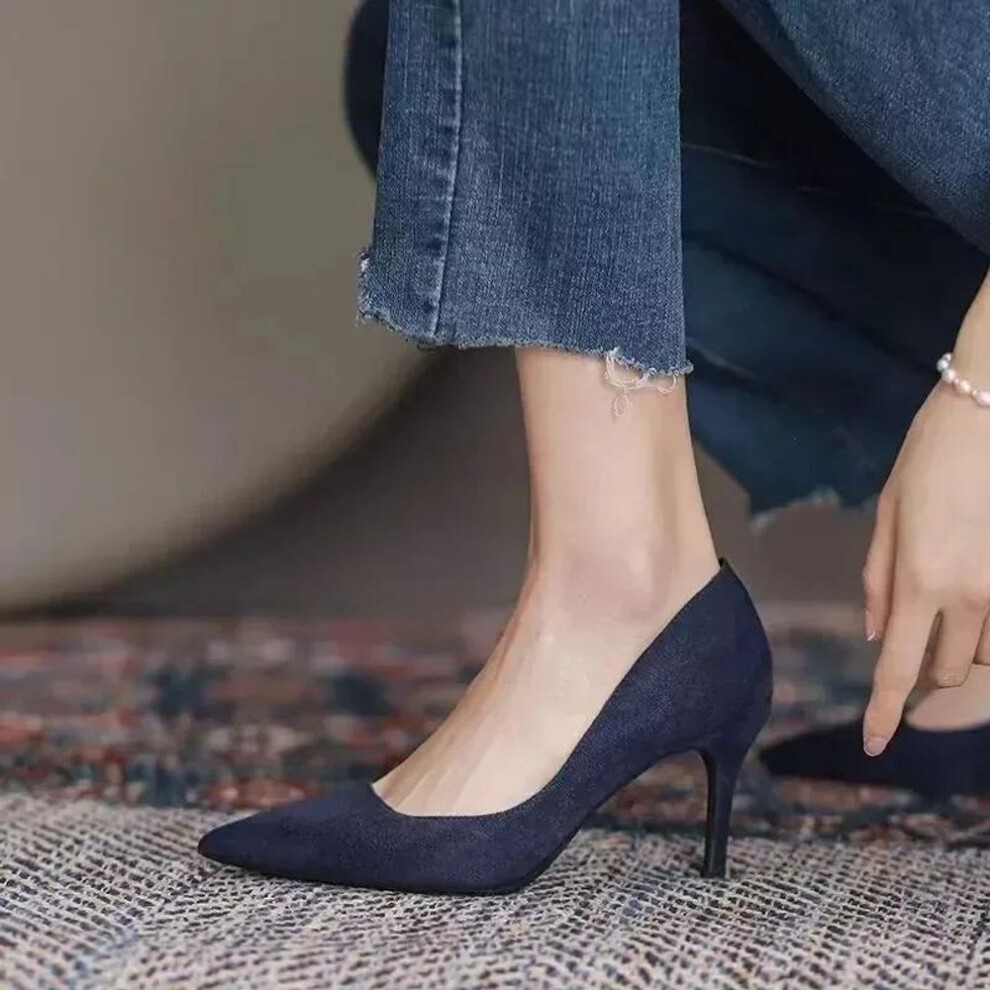 (blue, 39) Shoes Sharp Pointed Thin Heel  Pumps Shoes New Suede Black Red Blue Women's Single Shoes Big Size 42