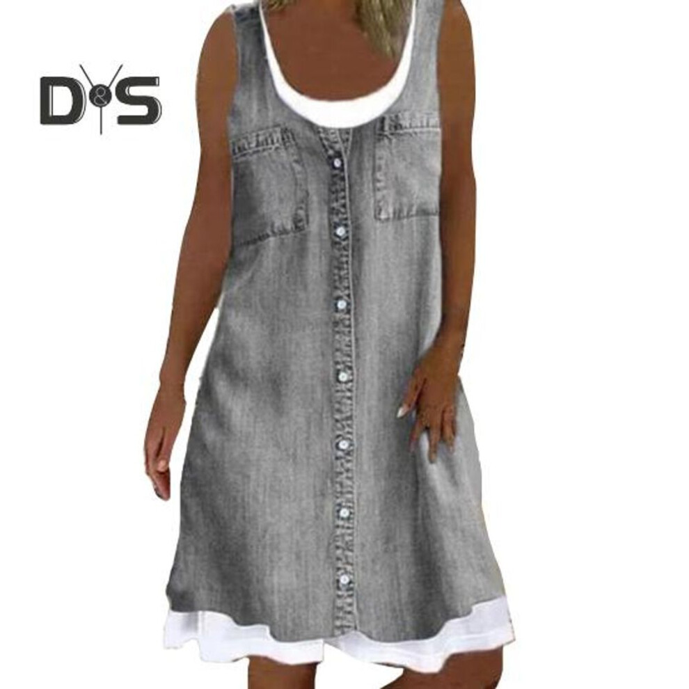 (grey, L) Women's Sleeveless Fake Two Piece Dress Summer Casual Crew Neck Denim Print Tank Dress Loose Fit A-line Mini Dress