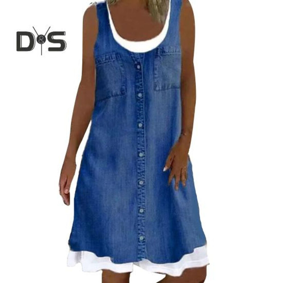 (dark blue, L) Women's Sleeveless Fake Two Piece Dress Summer Casual Crew Neck Denim Print Tank Dress Loose Fit A-line Mini Dress