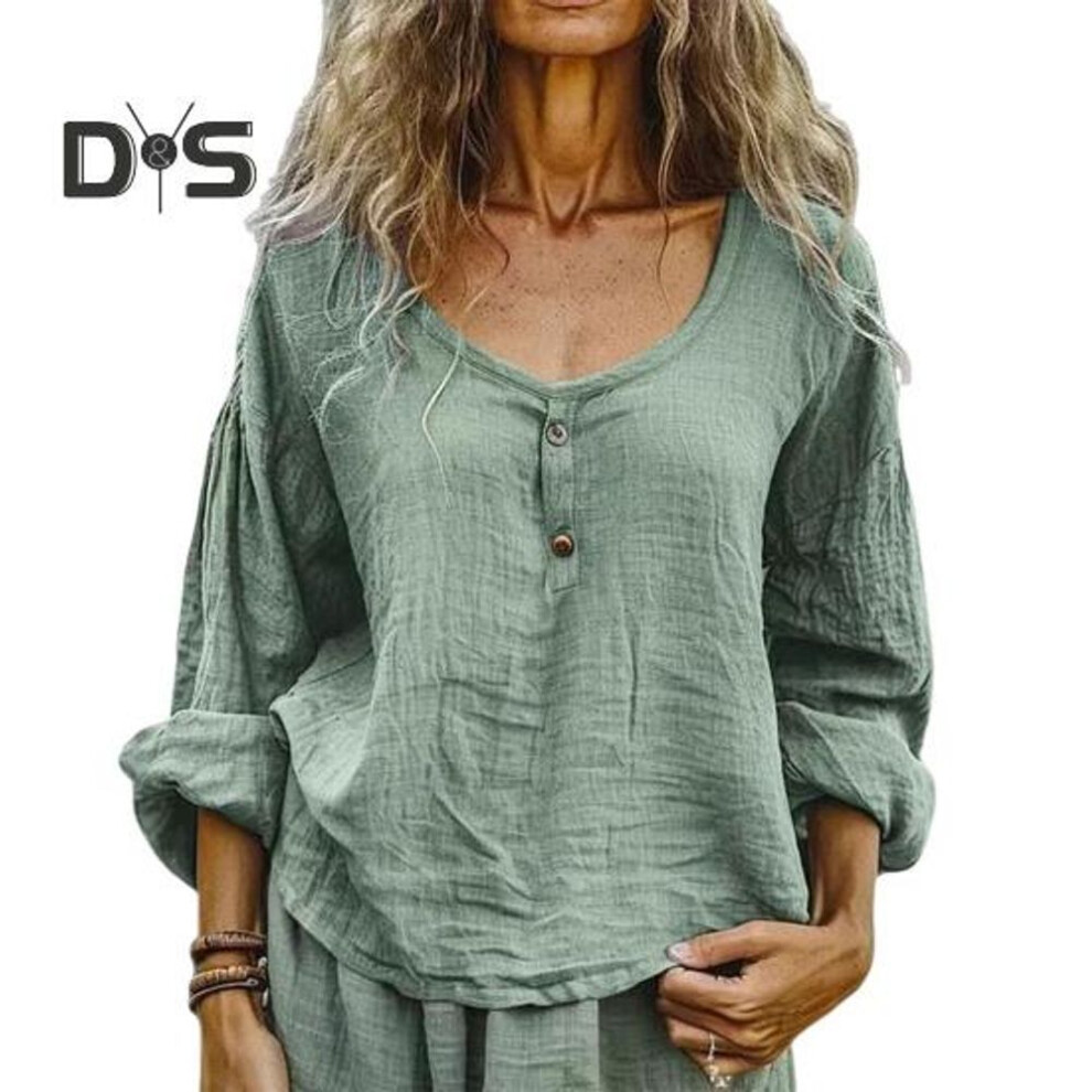 (M, light green) Women Shirt Crew Neck Buttons Decor Long Sleeve Pullover Tops Solid Color Loose Fit Casual Style Shirt Daily Wear