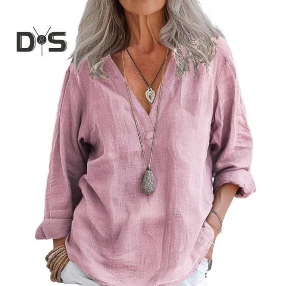 (M, pink) Women Shirt V-neck Long Sleeve Solid Color Pullover Tops Loose Fit Casual Tee Shirt Work Office Vacation Daily Wear