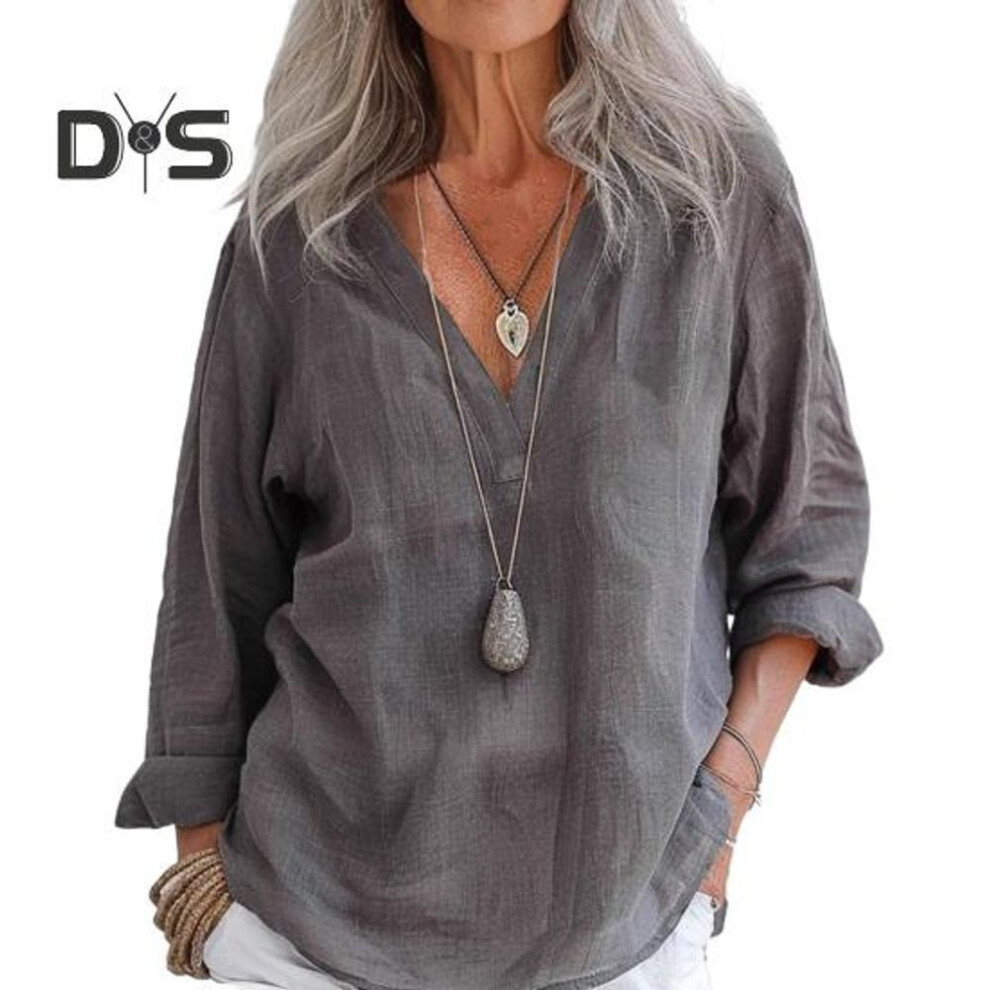 (L, grey) Women Shirt V-neck Long Sleeve Solid Color Pullover Tops Loose Fit Casual Tee Shirt Work Office Vacation Daily Wear