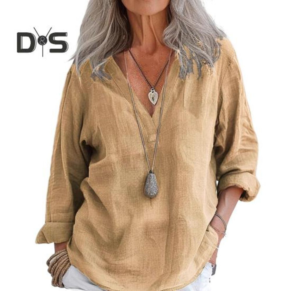 (2XL, khaki) Women Shirt V-neck Long Sleeve Solid Color Pullover Tops Loose Fit Casual Tee Shirt Work Office Vacation Daily Wear