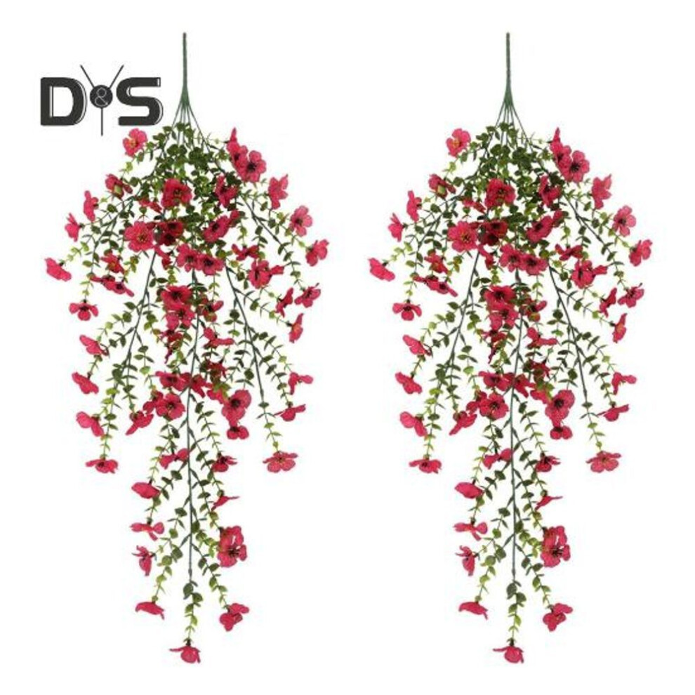 (rose red, 2pcs) Outdoor Hanging Flowers UV-resistant Faux Flowers Bunch All-season Fake Vine Flowers for Window Garden Porch Wedding Decoration