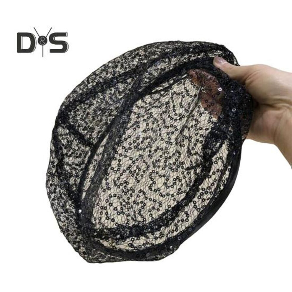 (black) Women Lace Hat Sequin Decor Hollow Out Solid Color Beret Hat Adjustable Head Circumference Thin Prom Party Cosplay Headwear