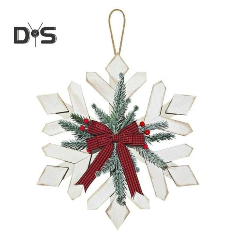 Christmas Door Sign Decoration Rustic Wood Snowflake Artificial Pine Branch Bow Wreath Front Door Hanger For Winter Wall Porch Farmhouse Decor