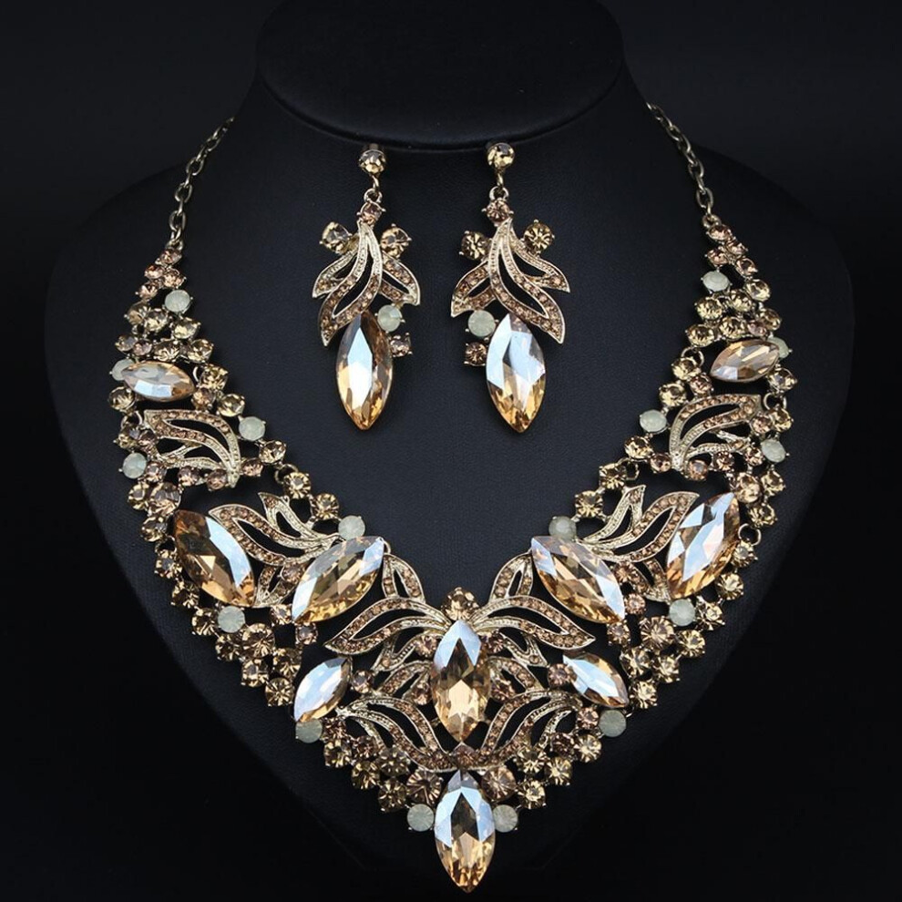 (champagne) Jewelry Exaggerated Flower Gem Necklace Earrings Set Women'S Banquet Dress Accessories