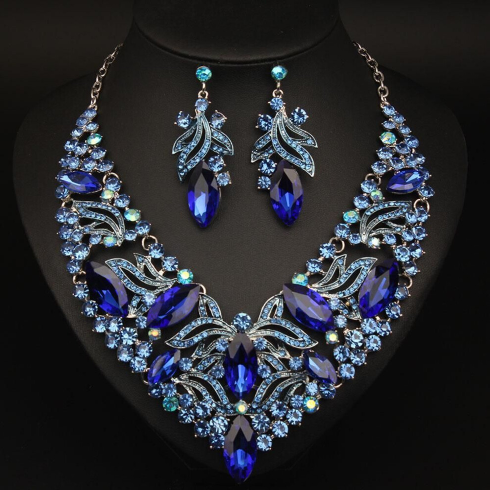 (sapphire) Jewelry Exaggerated Flower Gem Necklace Earrings Set Women'S Banquet Dress Accessories