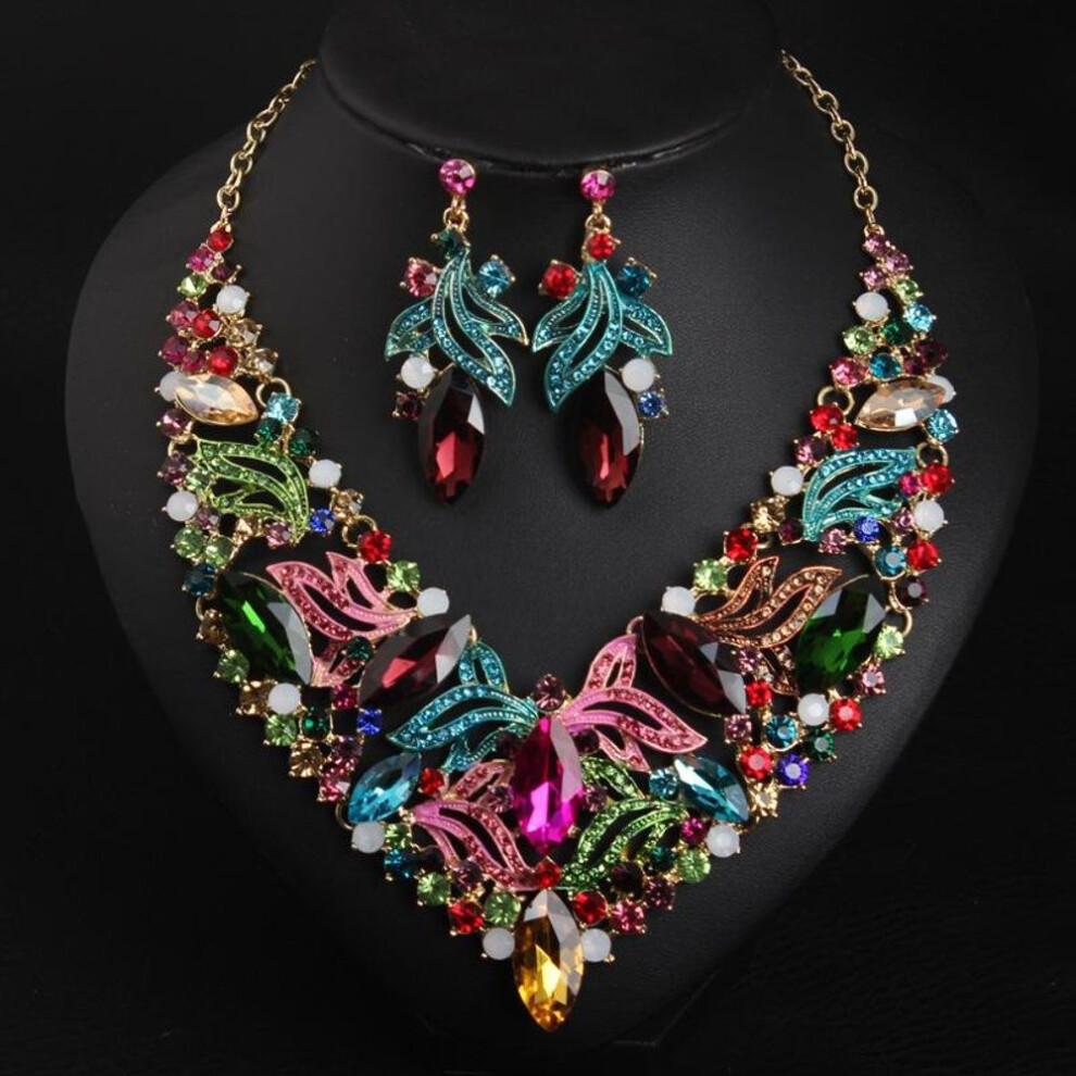 (multicolor) Jewelry Exaggerated Flower Gem Necklace Earrings Set Women's Banquet Dress Accessories