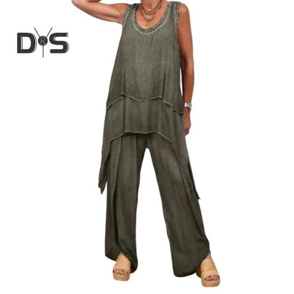 (green, XXXL) Two Piece Outfits For Women Casual Sleeveless Irregular Top Wide Leg Pants Set Loose Lounge Suit For Summer