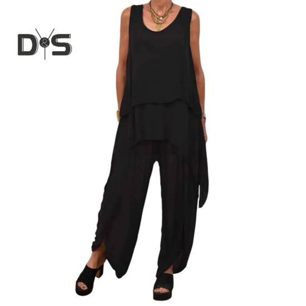 (black, XL) Two Piece Outfits for Women Casual Sleeveless Irregular Top Wide Leg Pants Set Loose Lounge Suit for Summer
