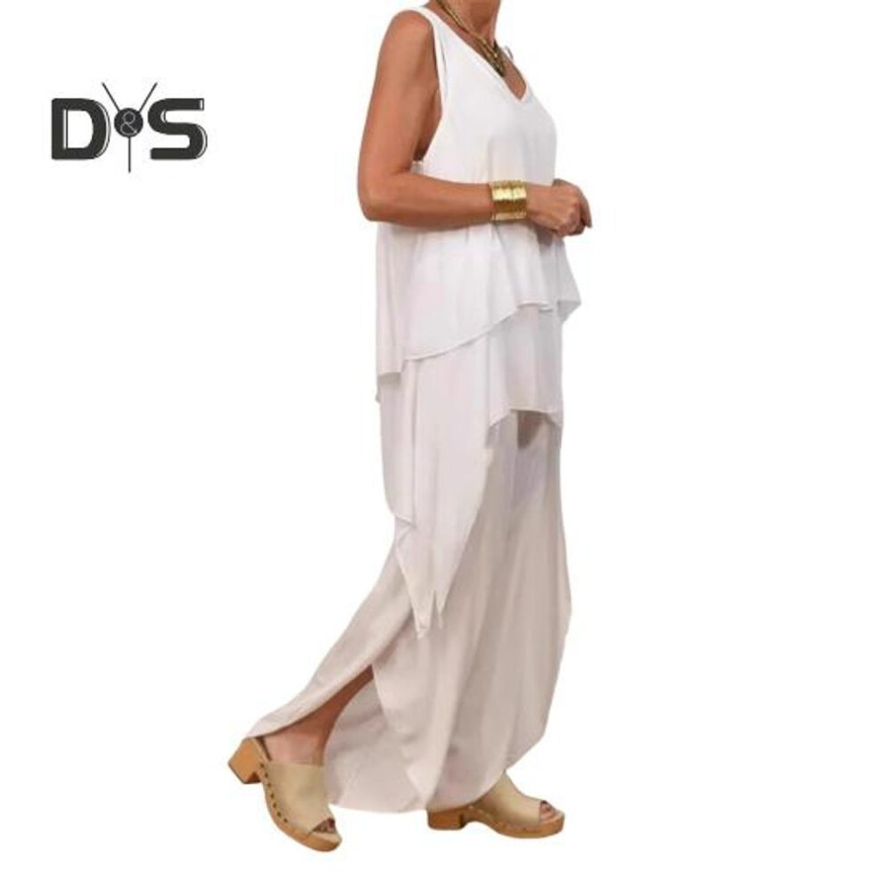 (white, M) Two Piece Outfits for Women Casual Sleeveless Irregular Top Wide Leg Pants Set Loose Lounge Suit for Summer