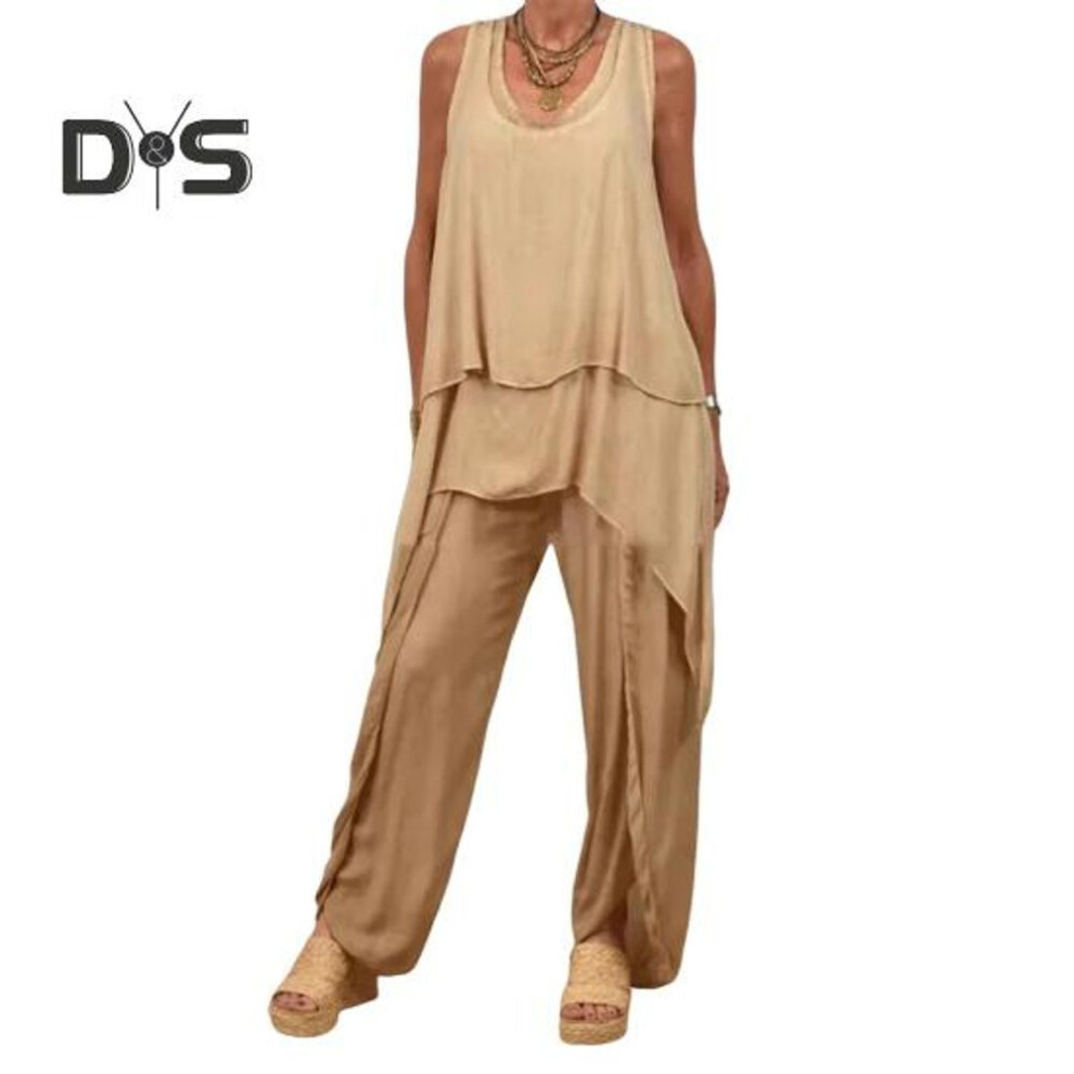 (khaki, XL) Two Piece Outfits for Women Casual Sleeveless Irregular Top Wide Leg Pants Set Loose Lounge Suit for Summer