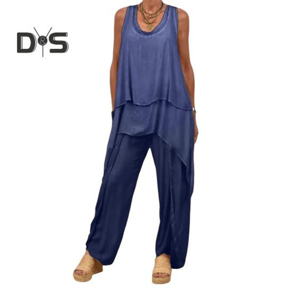 (blue, M) Two Piece Outfits For Women Casual Sleeveless Irregular Top Wide Leg Pants Set Loose Lounge Suit For Summer