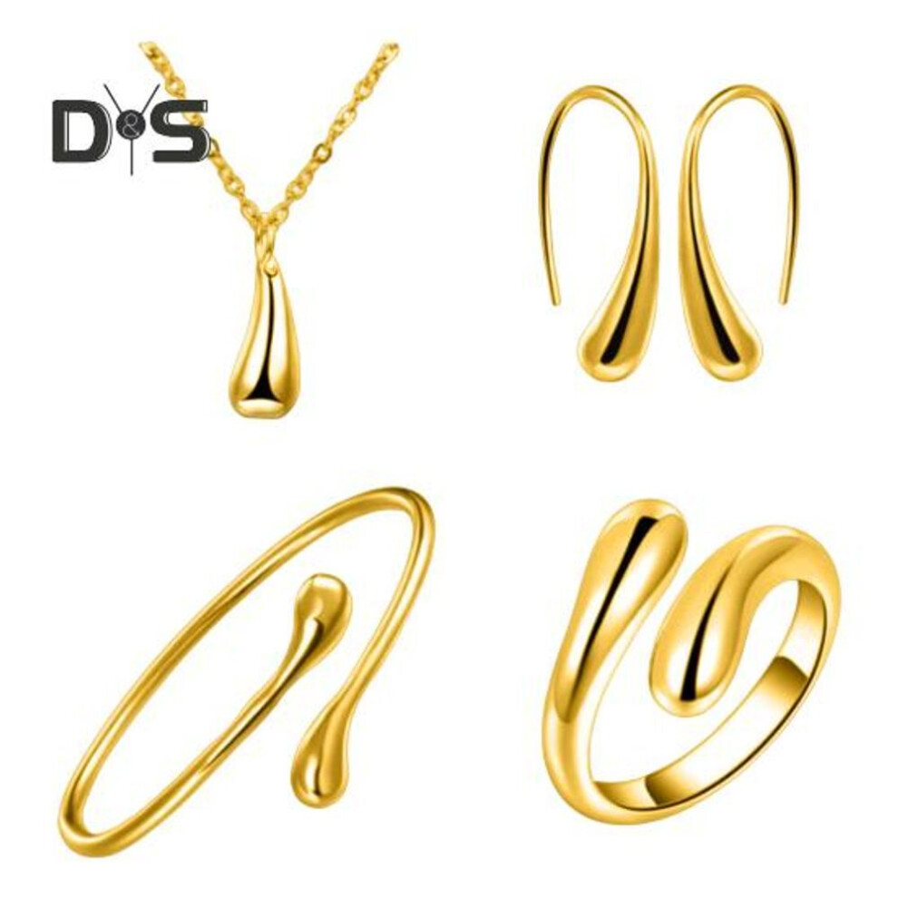 (golden) 4 Pcs/set Women Jewelry Set Water Drop Shape Polished Metal Adjustable Open Design Earrings Necklace Bangle Ring Set Lady Daily Jewelry