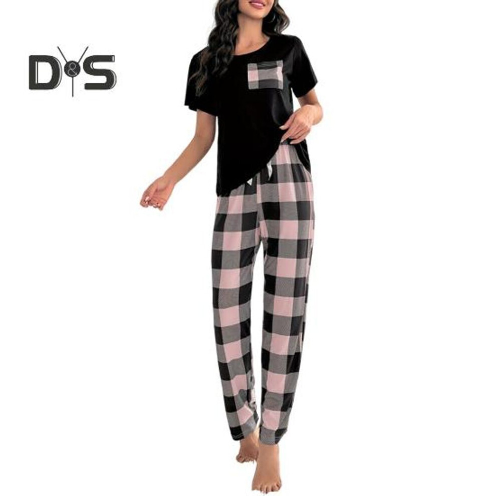(L, pink) 2 Pcs/set Women Top And Pants Suit Summer Pajamas Set Plaid Trousers Round Neck Short Sleeve T-shirt Homewear Casual Clothes