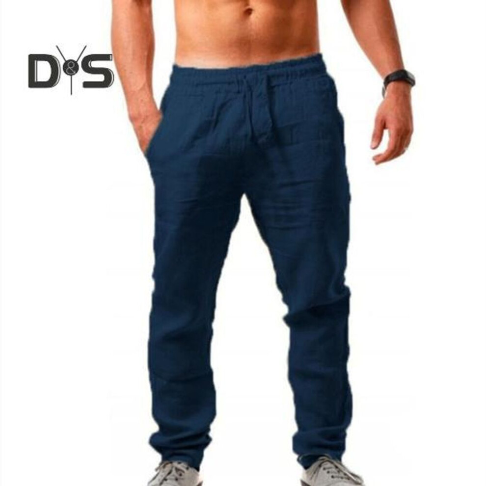 (navy blue, S) Men Pants Hip Hop Style Solid Color Sweatpants Drawstring Elastic Waist Loose Sport Trousers With Pockets For Daily Exercise