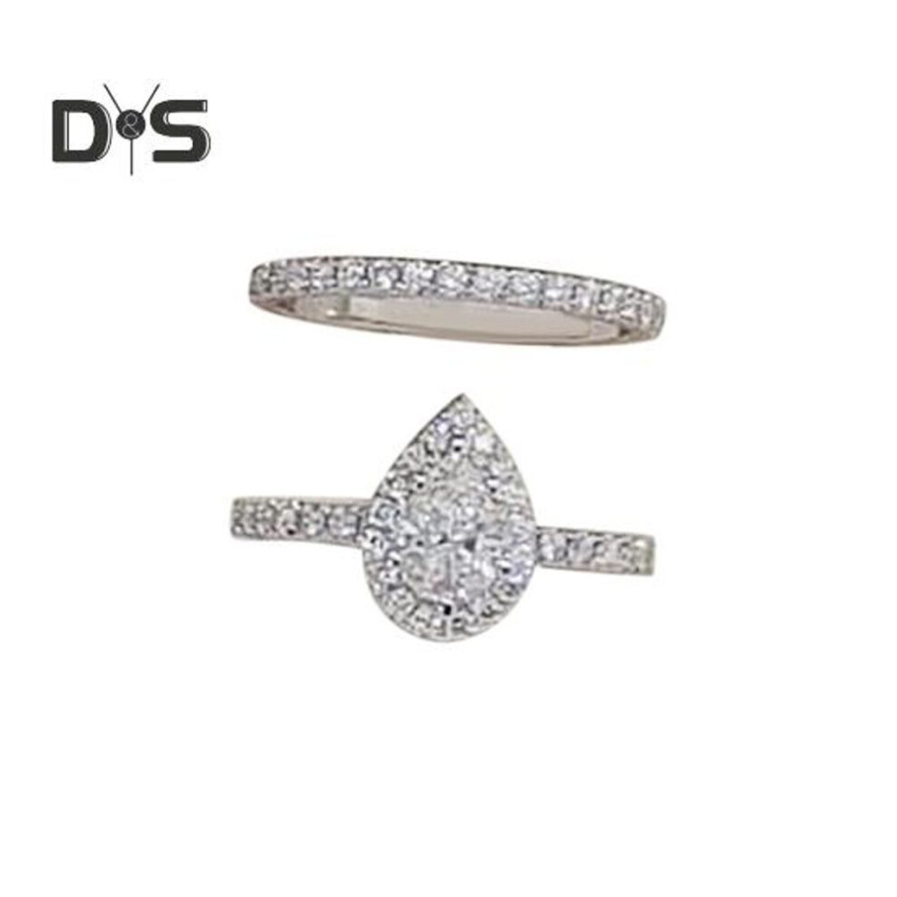 (silver, US 7) 2 Pcs/set Women Stacking Ring Set Water Drop Rhinestone Wedding Bridal Matching Ring Electroplated Alloy Birthday Anniversary Present Finger Rings