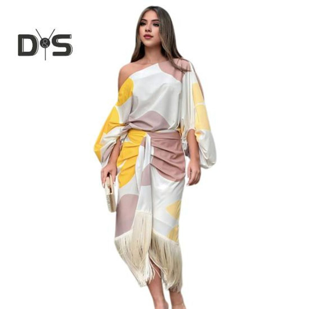(beige, S) 2 Pcs/set Women Top Skirt Set One Shoulder Long Lantern Sleeves Color Matching Tassel High Waist Loose Baggy Ol Commute Blouse Midi Skirt Set