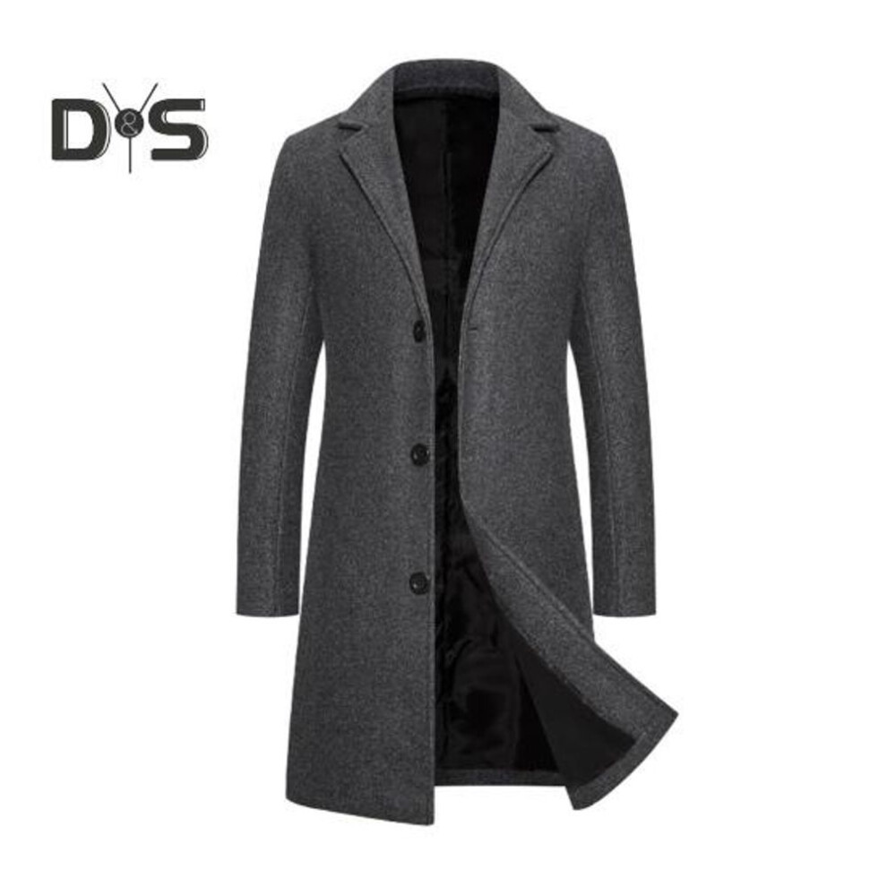 (dark gray, XL) Men Woolen Coat Notch Lapel Long Sleeve Single Breasted Jacket Solid Color Windproof Business Casual Overcoat