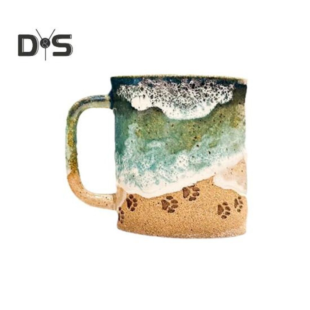 (as the picture, S A) Paw Print Ocean Shoreline Mug Ceramic Coffee Cup Handmade Waves Pattern Tea Mug 11oz/15oz Sea Foam Claw Drinking Mug Beach Souvenir Gift