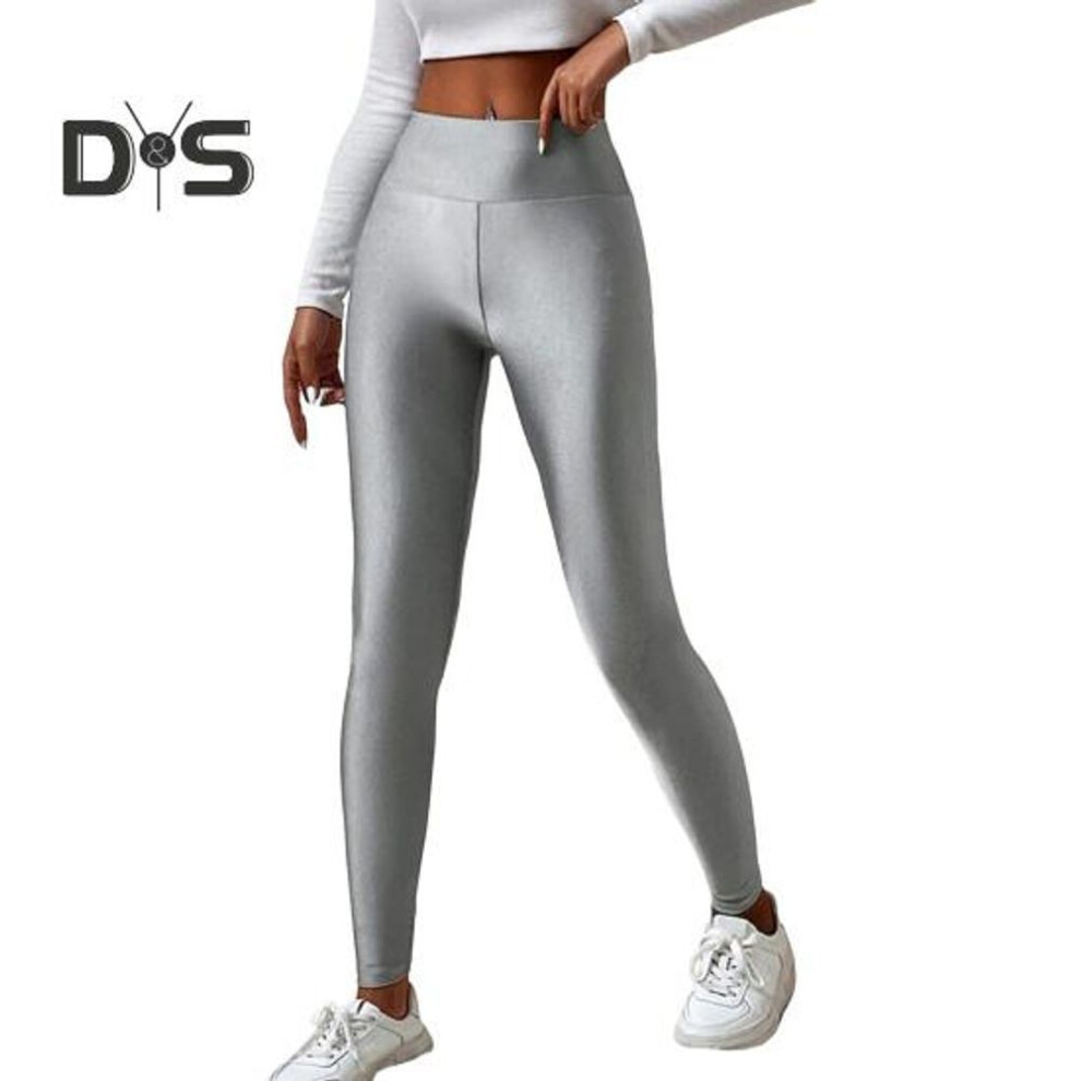 (silver gray, S) High Elasticity Women Leggings Slim Fit Solid Color Glossy High Waist Yoga Pants Spring Autumn Active Wear