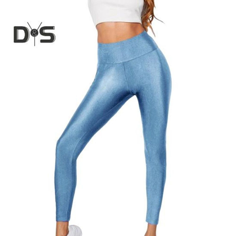 (sky blue, L) High Elasticity Women Leggings Slim Fit Solid Color Glossy High Waist Yoga Pants Spring Autumn Active Wear