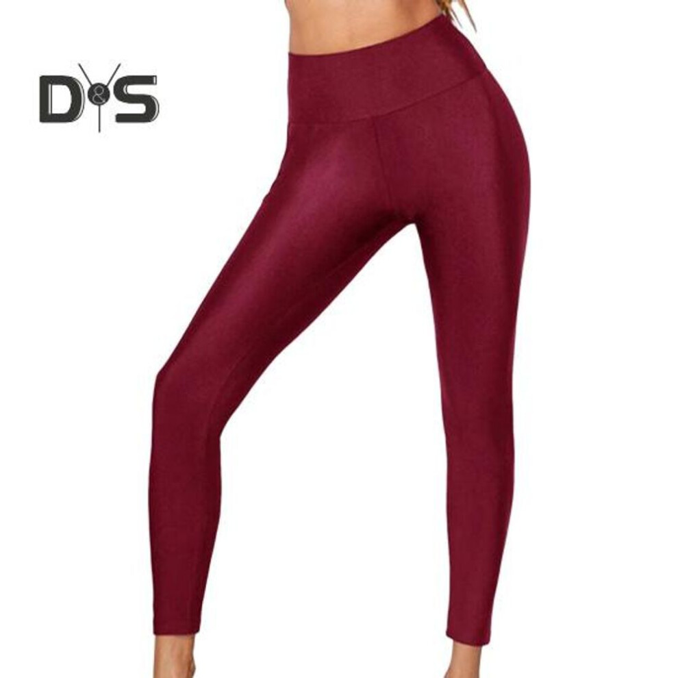 (wine red, M) High Elasticity Women Leggings Slim Fit Solid Color Glossy High Waist Yoga Pants Spring Autumn Active Wear