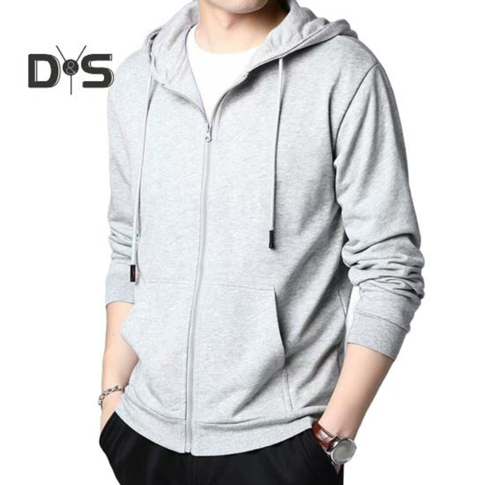 (grey, 3XL) Spring Auutmn Men Coat Hooded Drawstring Zipper Closure Solid Color Elastic Cuffs Loose Sport Coat Thick Plush Outerwear for Various Occasions