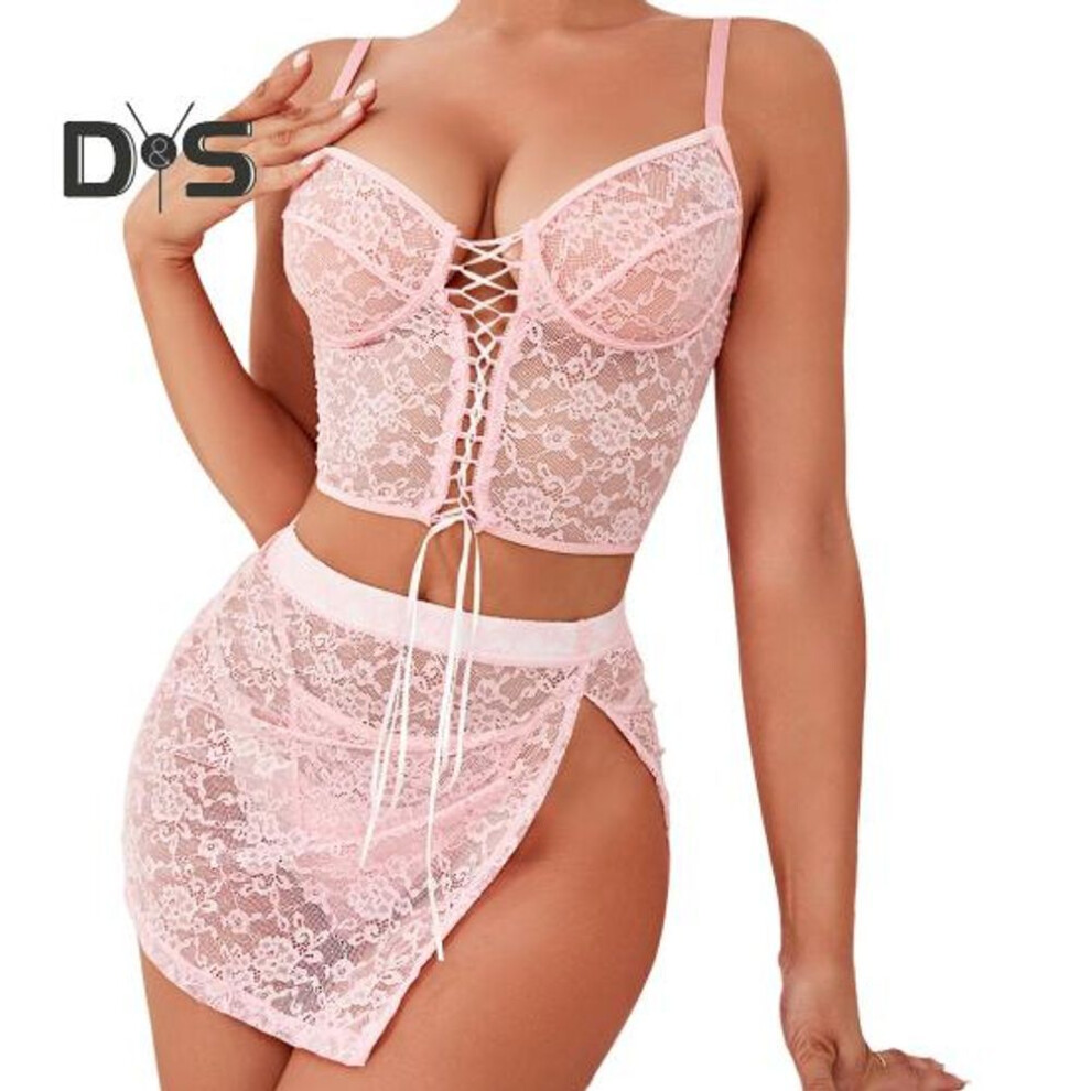 (M, light pink) 3 Pcs/Set Women Bra Panties Skirt Set See-through Lace Embroidery Hollow Out Lace-up Straps Thin High Waist Skirt Wedding Night Honeymoon Valentines