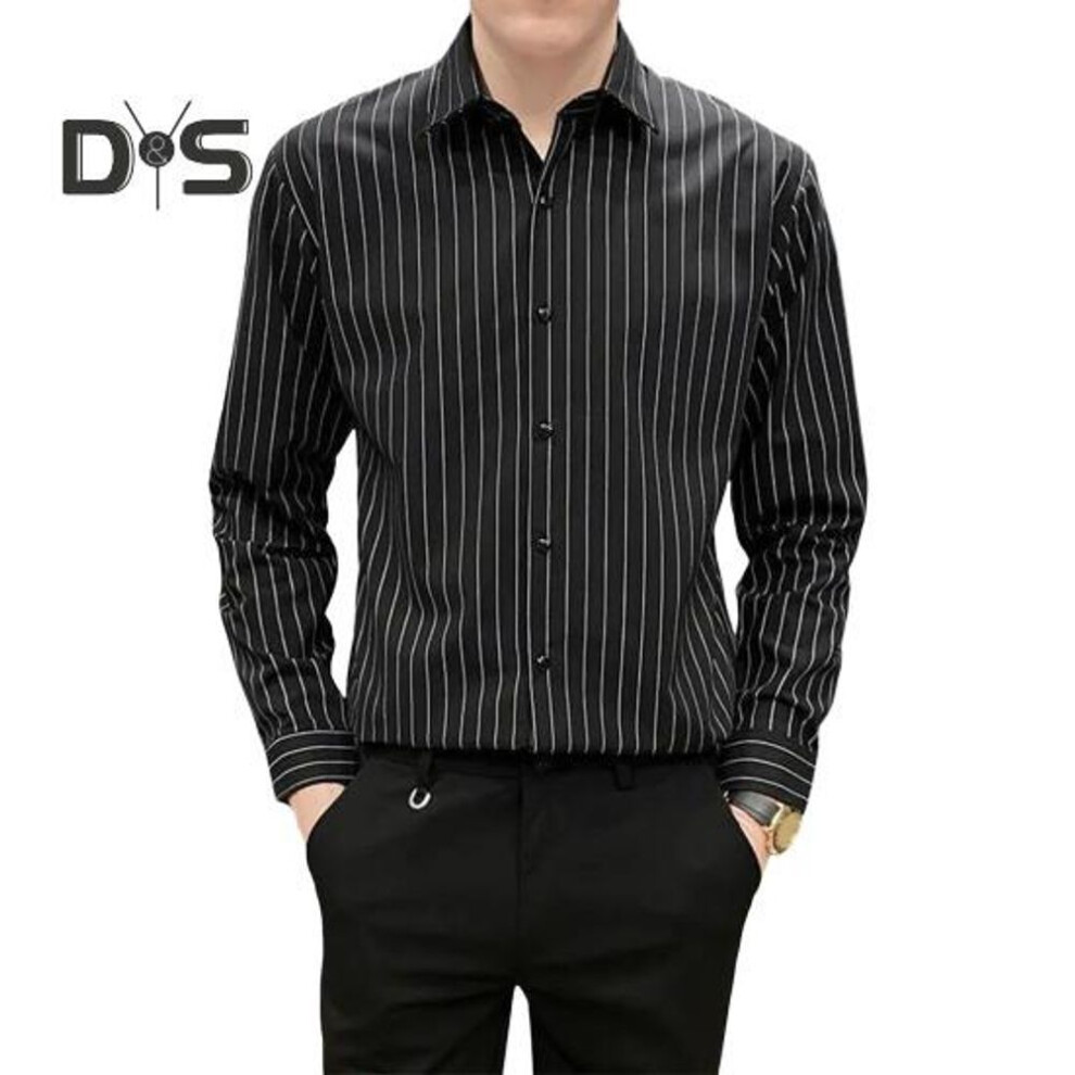 (XXL, black) Men Dress Shirt Stripe Print Single-breasted Turn-down Collar Long Sleeves Formal Business Style Office Shirt Mid Length Dating Top