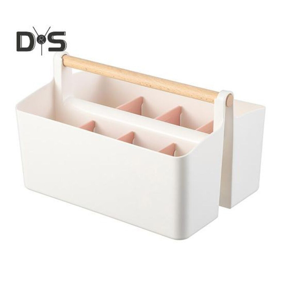 (pink, L) Desktop Plastic Caddy With Wooden Handle Art Supply Organizer Bin With Adjustable Dividers Makeup Basket Storage Tote For Colored Pencils Brushes